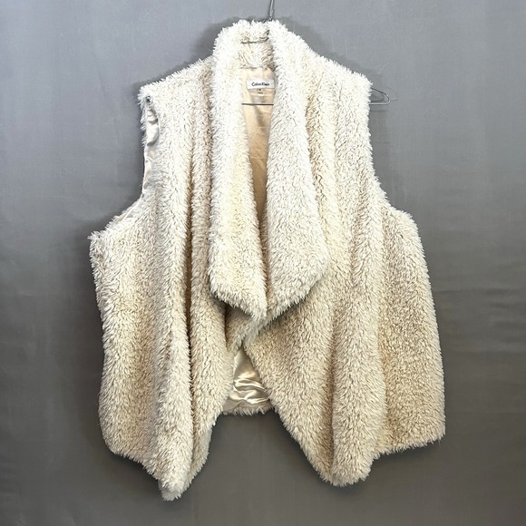 Calvin Klein Faux Fur Vest‎ Waterfall Open Front Womens 3XL Cream White Ivory - Picture 1 of 8